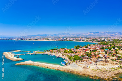 Aerial top drone view of ancient Side town, Antalya Province in Turkey