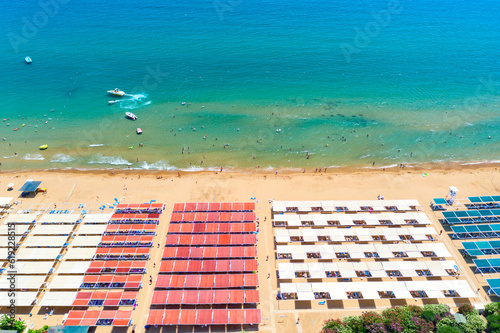 Fototapeta Naklejka Na Ścianę i Meble -  Aerial drone view of the beach near Side, Mediterranean Sea Coast, Touristic Beach Antalya, Turkey.