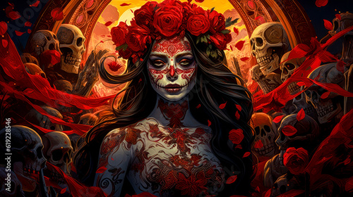 Female Portrait of Dia de los Muerte La Catrina Mexiko Digital Art Generative AI Wallpaper Background Cover Journal Illustration