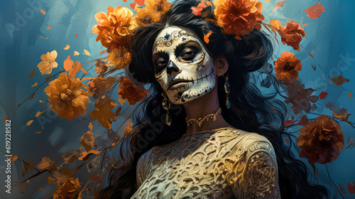 Female Portrait of Dia de los Muerte La Catrina Mexiko Digital Art Generative AI Wallpaper Background Cover Journal Illustration