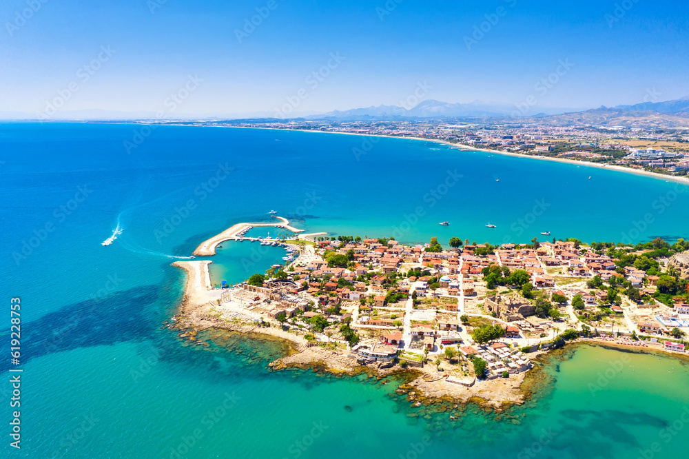 Fototapeta premium Aerial top drone view of ancient Side town, Antalya Province in Turkey