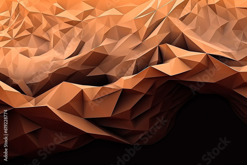 Generative AI illustration of abstract polygonal seamless irregular tessellations pattern background and triangular design in earthly brown color on dark backdrop photo