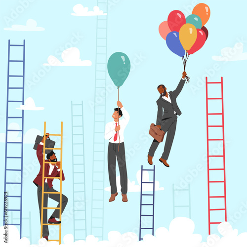 Concept Depicts Male Characters Climbing A Ladder And Soar On Balloons To Gain A Business Advantage, Vector Illustration