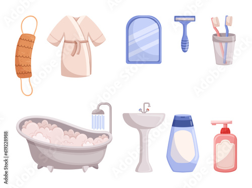 Bath Accessories Set. Soap Dispenser, Toothbrush Tumbler, And Washcloth. Robe, Mirror, Razor Blade and Tub with Sink