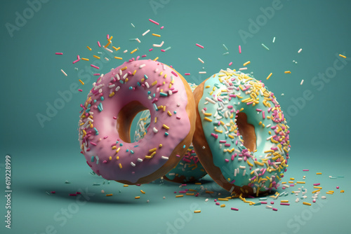 Flying donuts on blue background, ai generated