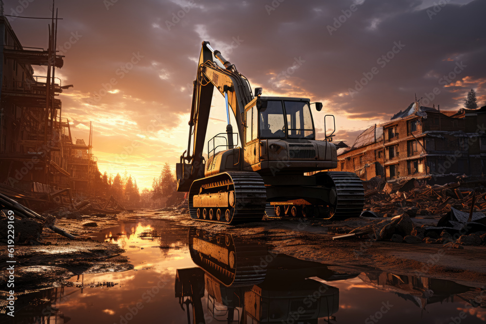 Construction site at sunset, with an excavator working diligently against the captivating sky. Generative Ai.