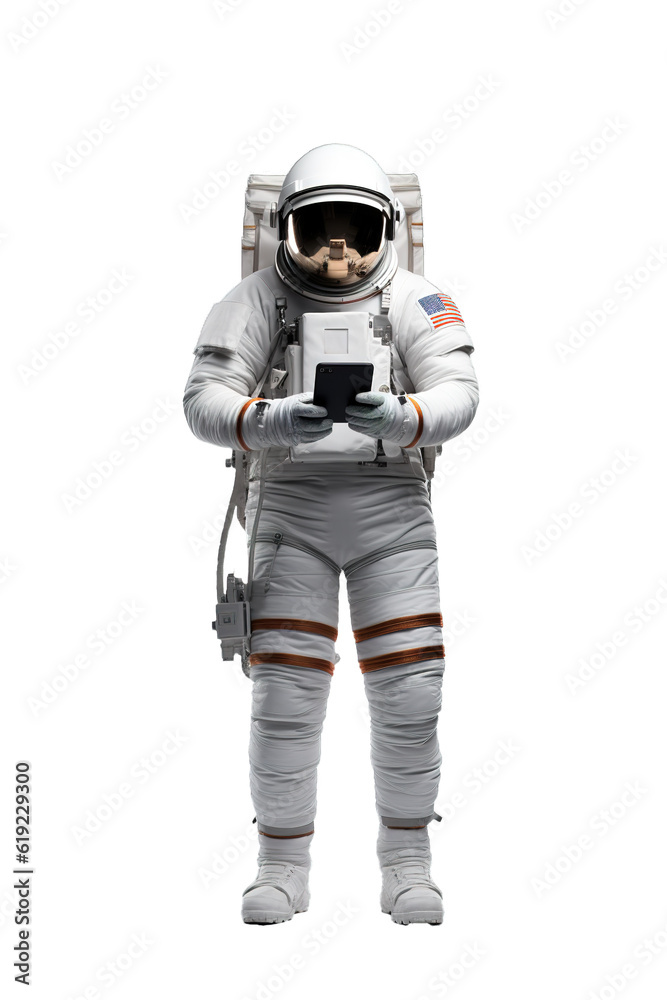 Astronaut using smart phone. Full body shot over white transparent background