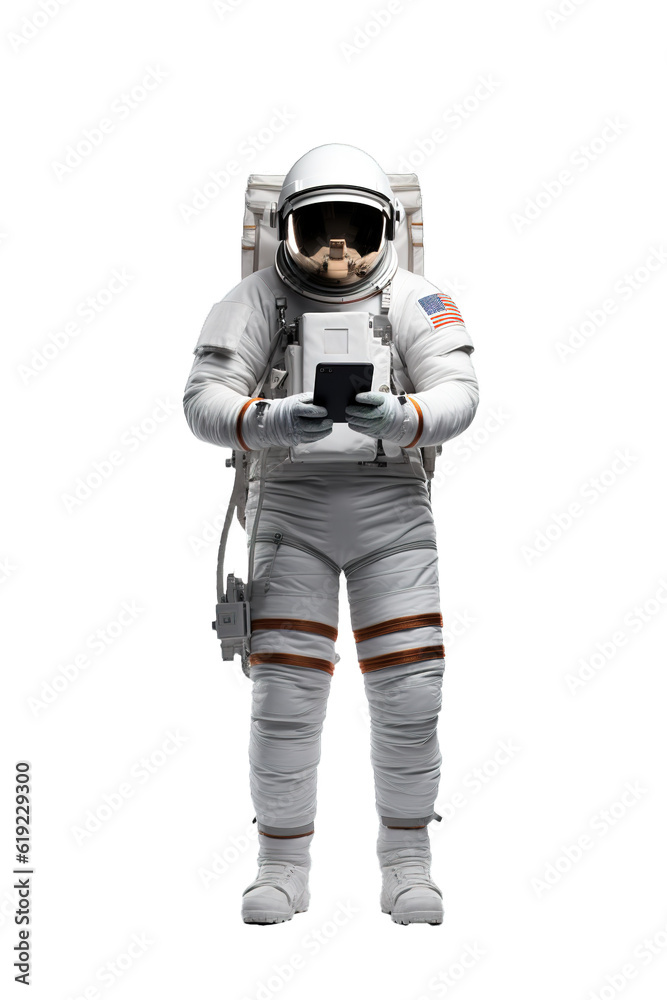 Astronaut using smart phone. Full body shot over white transparent background Astronaut using smart phone. Full body shot over white transparent background