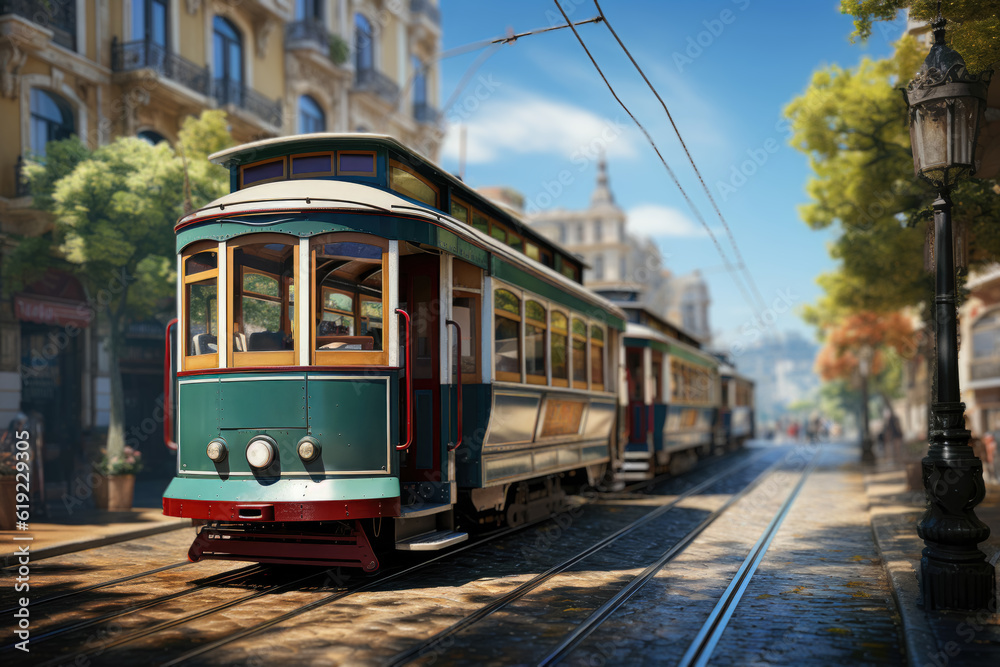 Fototapeta premium Timeless view of historic traditional Cable Cars in motion. Generative Ai.