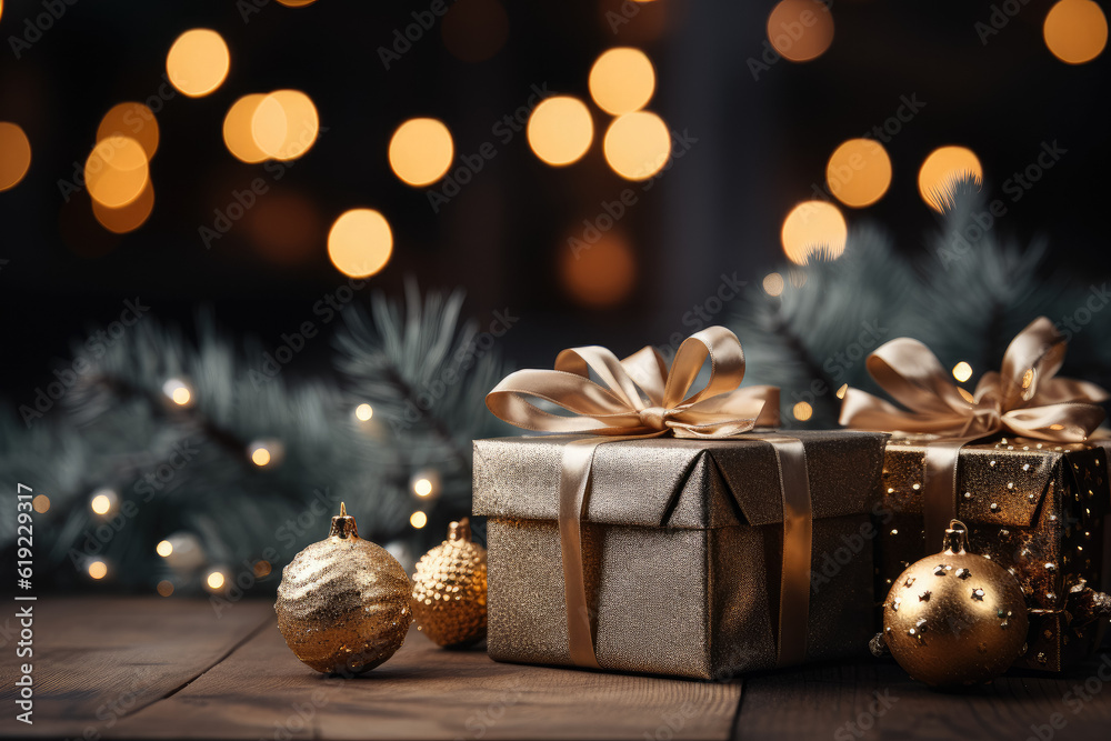Captivating Christmas banner incorporating festive decorations, gift boxes, sparkling bokeh, and branches from a Christmas tree against a wooden background. Generative Ai.