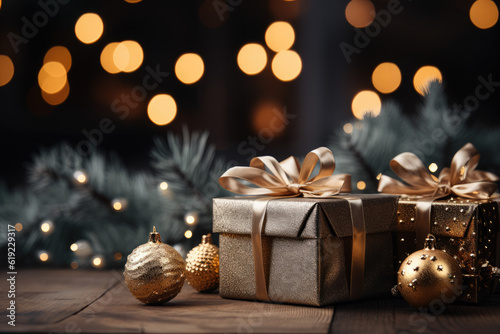 Captivating Christmas banner incorporating festive decorations, gift boxes, sparkling bokeh, and branches from a Christmas tree against a wooden background. Generative Ai.