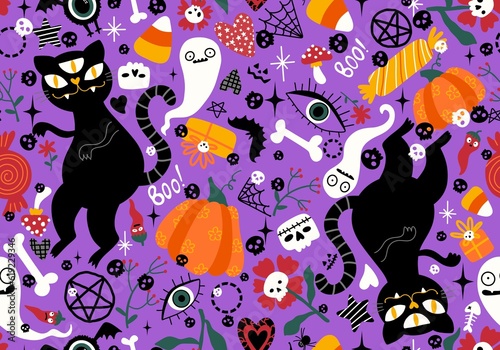 Cartoon animals monsters seamless Halloween cats and ghost pattern for wrapping paper and fabrics and kids clothes