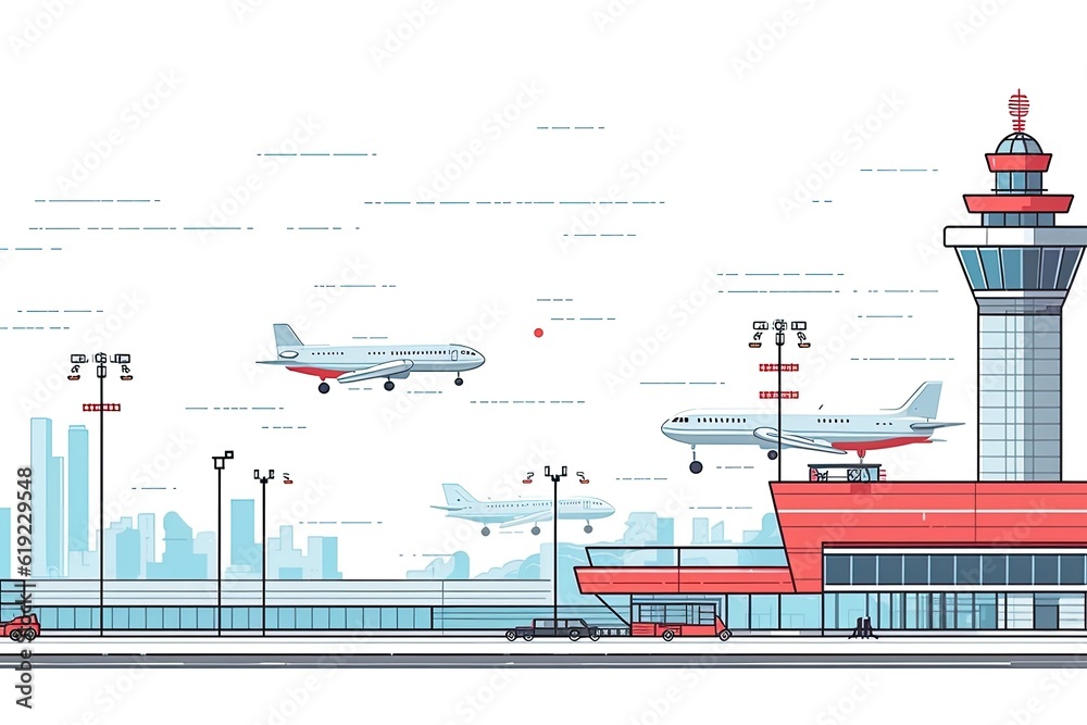 Fototapeta premium Illustration of an airport terminal with airplanes and control tower in the background