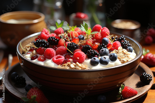 Health-conscious breakfast featuring natural yogurt topped with fresh berries and muesli. Generative Ai.