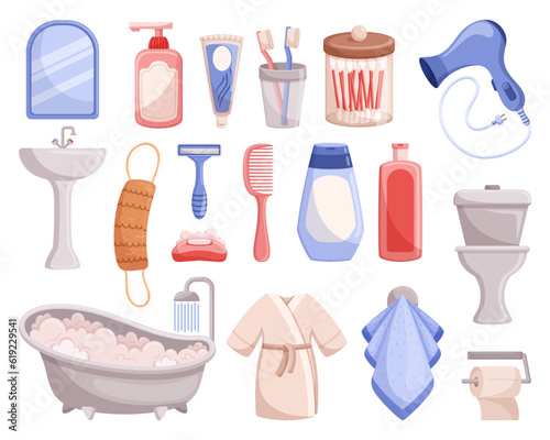 Set Of Bath Accessories Includes Items Such As Soap Dispenser, Toothbrush, And Toilet Paper and Bowl, Robe, Comb