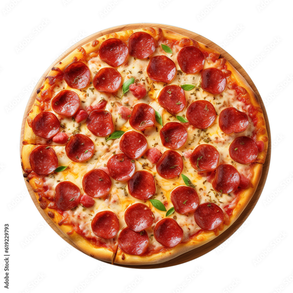 Top view of traditional pepperoni pizza over white transparent background Top view of traditional pepperoni pizza over white transparent background