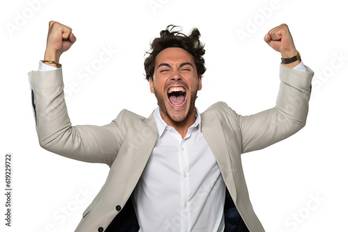Successful Latin American businessman euphoric due to achievement. White isolated transparent background
