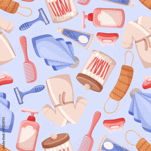 Seamless Pattern Featuring A Variety Of Bath Accessories Such As Towels, Soap Dispensers, Brushes, And Loofahs