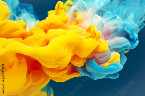 Generative AI illustration of mix of yellow light blue blended paint drops dissolving in fluid and creating abstract patterns against blue background photo