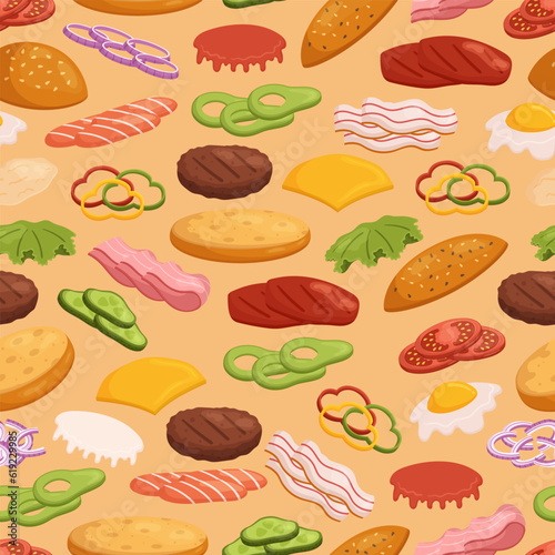 Seamless Pattern Featuring A Delightful Arrangement Of Burger Ingredients  Including Juicy Meat  Fresh Lettuce  Tomatoes