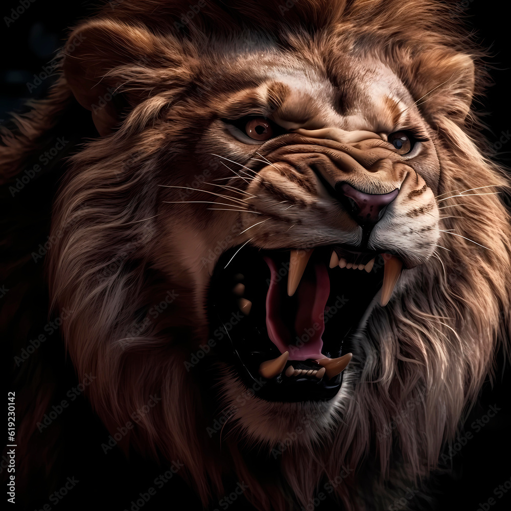 Naklejka premium The head of an evil lion with an open mouth, roaring. Lion with huge fangs, close-up, portrait. Illustration