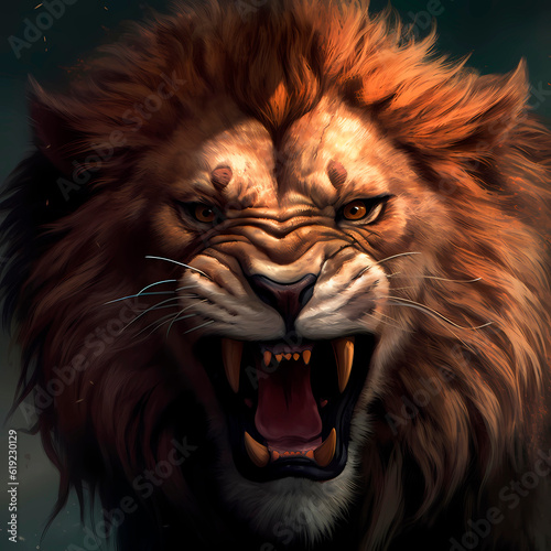 The head of an evil lion with an open mouth, roaring. Lion with huge fangs, close-up, portrait. Illustration © elit76_d