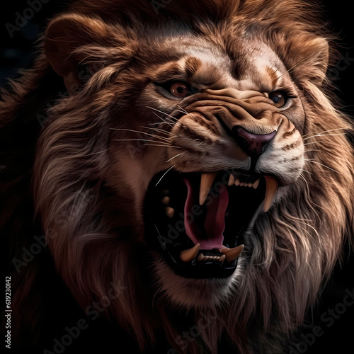 The head of an evil lion with an open mouth, roaring. Lion with huge fangs, close-up, portrait. Illustration