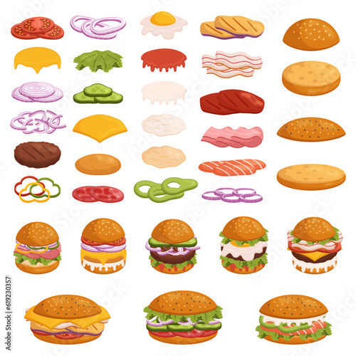 Set Of Burger Ingredients Fresh And Flavorful Vegetable, Juicy Beef Patty, Crisp Lettuce, Ripe Tomatoes, Melted Cheese