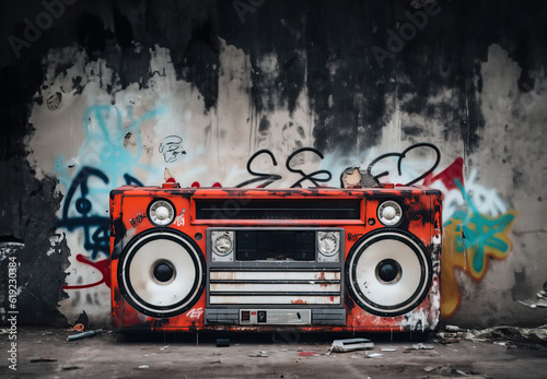 Retro old design ghetto blaster boombox radio cassette tape recorder from 1980s in a grungy graffiti covered room.