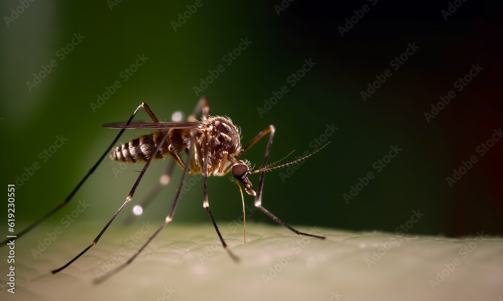 mosquito close-up on human skin at sunset. Generative AI mosquito close-up on human skin at sunset. Generative AI