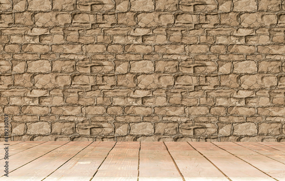 Background of weathered pine wood planks and stone wall. background textures. 3d rendering