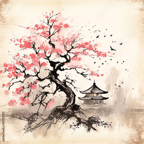 Blossoming Serenity: Oriental Sakura Cherry Tree on Vintage Rice Paper