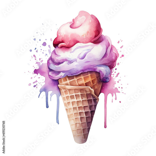 Generative AI Creamy Delight: Whimsical Watercolor Ice Cream on a White background