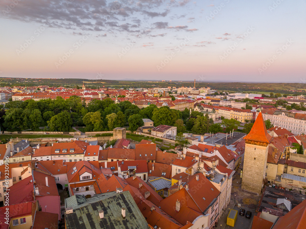 Sunset sky aerial view of Znojmo medieval border town with Renaissance town square walls in Czechia