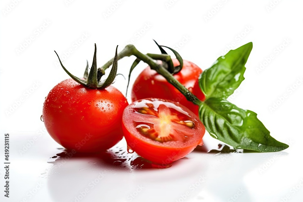 Illustration of two ripe tomatoes resting on a clean white surface Illustration of two ripe tomatoes resting on a clean white surface