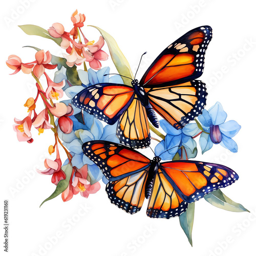 Colorful Monarch Butterfly Resting on Blue Orchid - Captivating Watercolor Nature