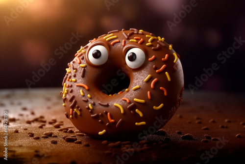 Cute chocolate donut with eyes. Generative AI. Amazing appetizing doughnut. National Donut Day or Fat Thursday. Funny character for children's menu, bakery, cafe, sweet-shop, signboard, confectionery