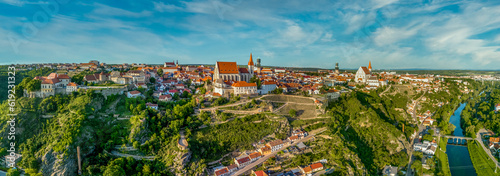 Aerial view of Znojmo walled medieval town in the winemaking region, St Nicolas church, Rotunda, castle, renaissance town square
