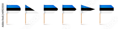 Realistic various Estonian toothpick flags. Souvenir from Estonia. Wooden toothpicks with paper flag. Location mark, map pointer. Blank mockup for advertising and promotions. Vector illustration