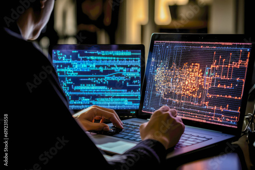 Quantum computer programmer writing code for quantum algorithms, highlighting the software aspect of quantum computing