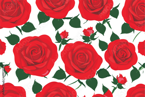A vector seamless floral pattern with flowers (red rose) and green leaves on a white background. © TKalinovskaya