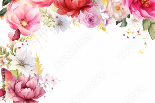 Watercolor Vibrant Summer Floral Mix Flower Frame Border Red, Pink White Color - Illustration For Wedding Stationary, Birthdays, Cards, Greetings, Wallpapers, Backgrounds, Generative AI.