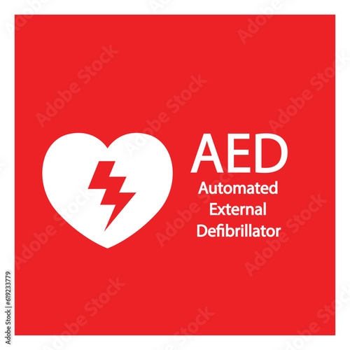 AED,automated external defibrillator / aed sign with heart and electricity symbol flat vector icon 