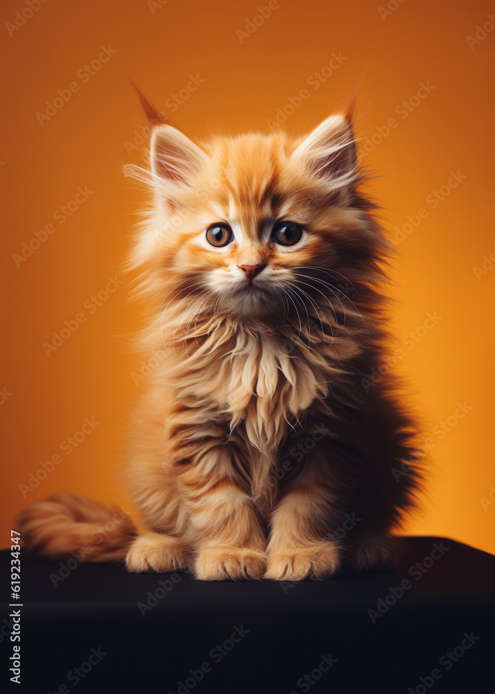 A small kitten poses in a studio. Long-haired fluffy kitten with a cute look. Animal hair, thick fur. Dark ocher background. Warm tones of animal fur. Fur texture. Strong contrasts and sharp shadows.