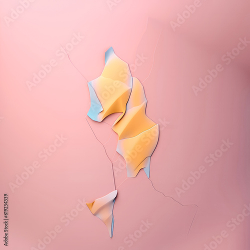 An unusual artistic concept. Virtual pastel decoration. A crack in the wall. Eggshell. Straight idea. An artistic idea. Fabric pattern, abstract. Background is pastel powder pink. Graphic solution.