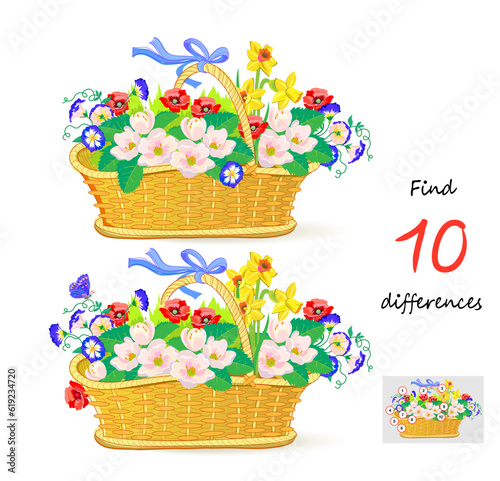 Find 10 differences. Illustration of a basket with spring flowers. Logic puzzle game for children and adults. Page for kids brain teaser book. Developing to counting skills. Vector drawing.