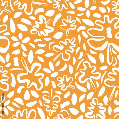 Abstract shapes seamless repeat pattern. Random placed, vector botanical elements all over surface print on yellow background.