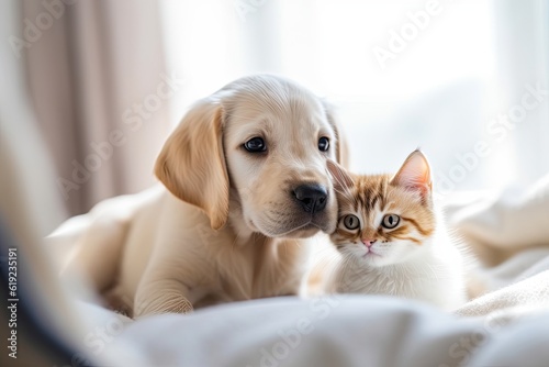 dog and a cat snuggled up together on a cozy bed