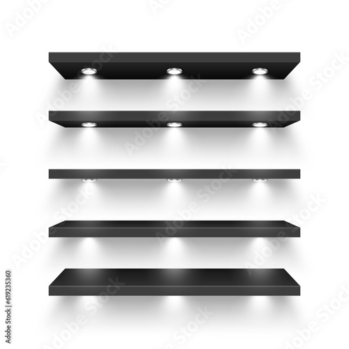 Realistic black store shelves with lighting, spotlights. Empty product shelf, grocery wall rack. Mall and supermarket furniture, bookshelf. Modern interior design element. Vector illustration
