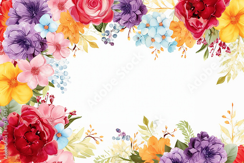 Watercolor Summer Floral Mix Flower Frame - Illustration with Bright Red, Yellow, Pink, Blue, Green Leaves, For Wedding Stationary, Birthdays, Cards, Greetings, Wallpapers, Backgrounds, Generative AI.
